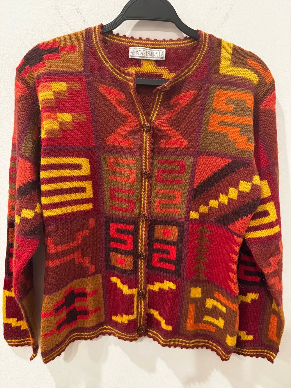 Bold Geometric Red Button-Front Cardigan Sweater